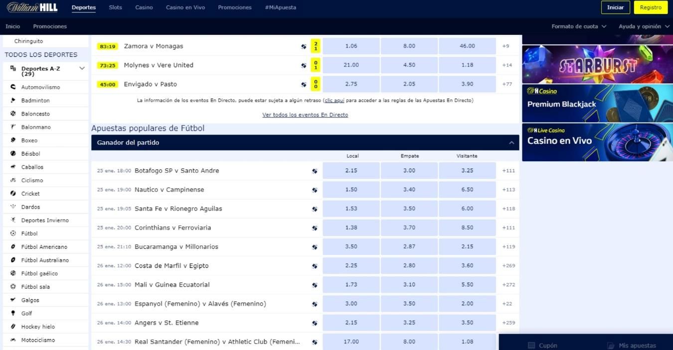 Mercado de apuestas de fútbol en William Hill