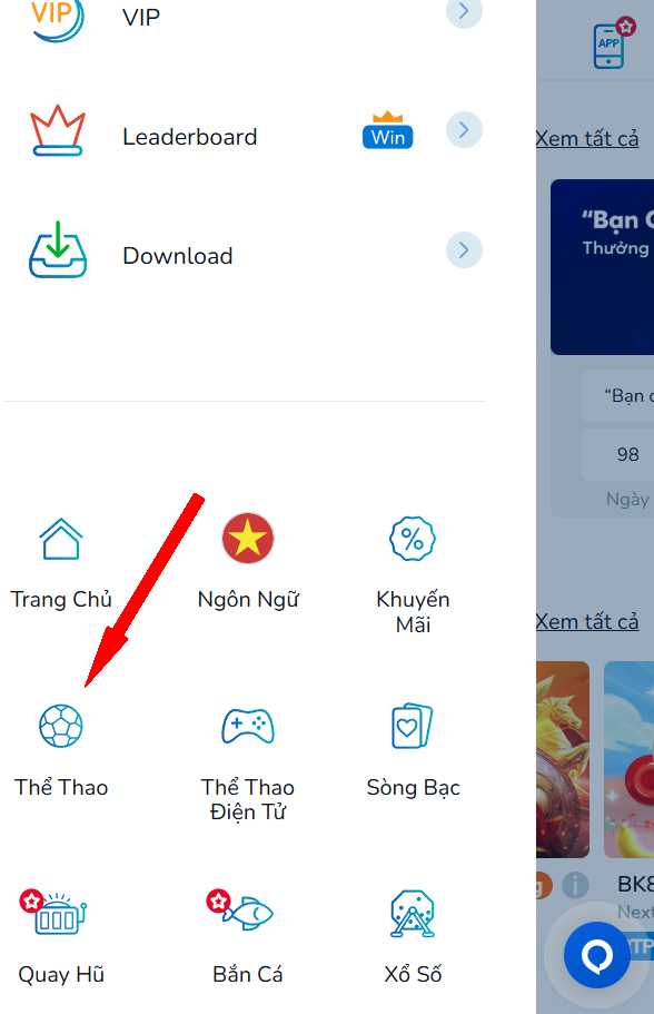  Menu bên trái BK8: Thể Thao, Khuyến Mãi, VIP.