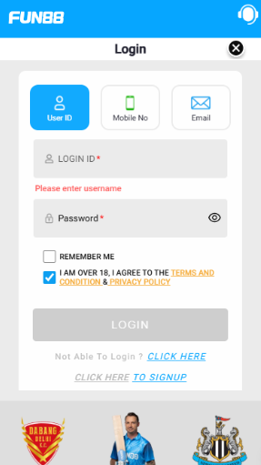 Fun88 Login Screen