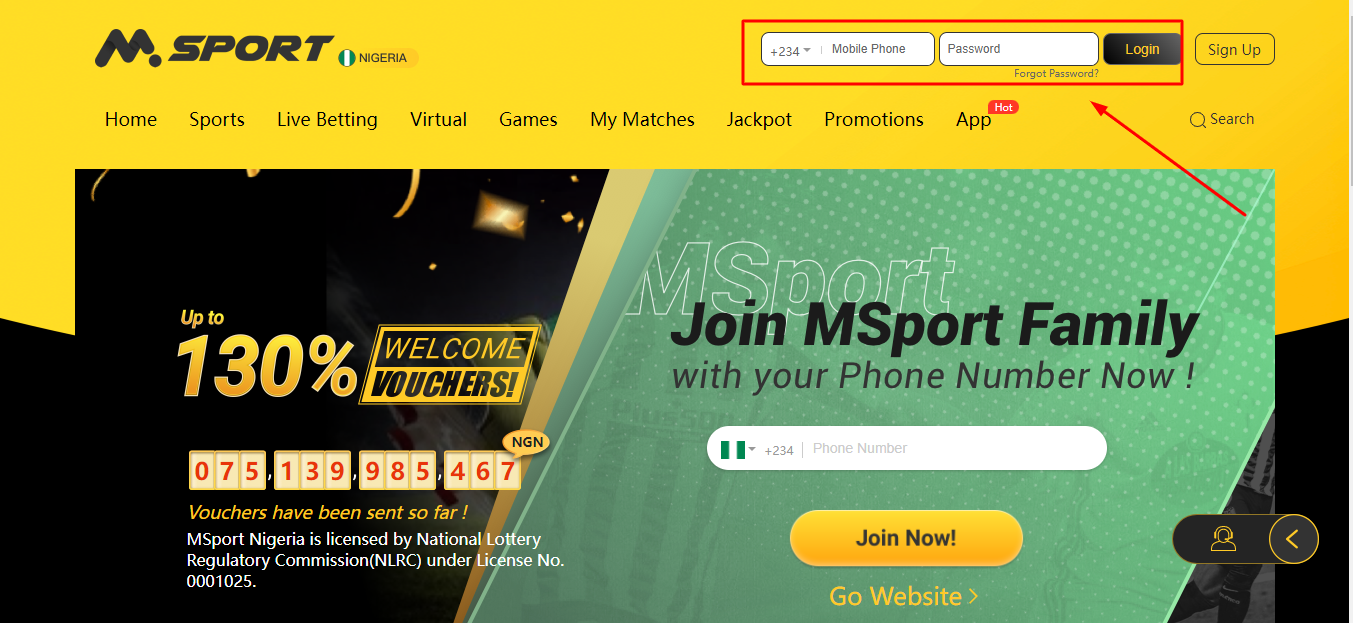 msport website homepage showing the login corner