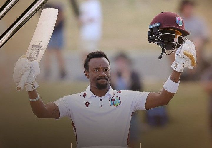 FIGHTING INNINGS: Kavem Hodge celebrates his ton. @windiescricket/X FIGHTING INNINGS: Kavem Hodge celebrates his ton. @windiescricket/X
