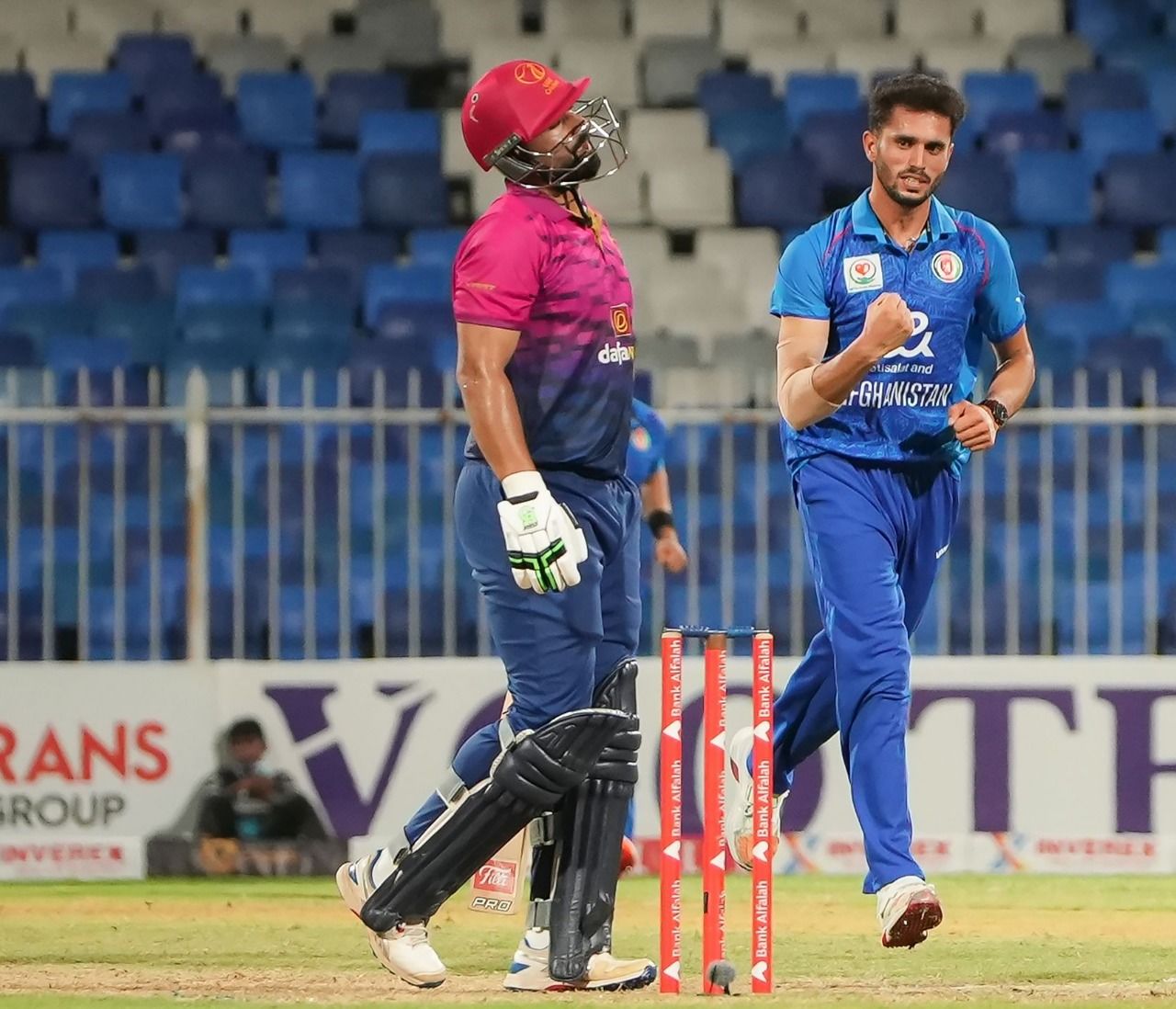 Abdullah Ahmadzai of Afghanistan celebrates his first international wicket in the least league match against UAE in the T20 Tri-series. @ ACN