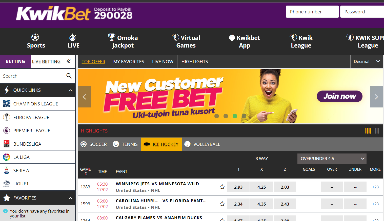 Kwikbet offers bettors to bet with a variety of options and details of ice hockey as well.