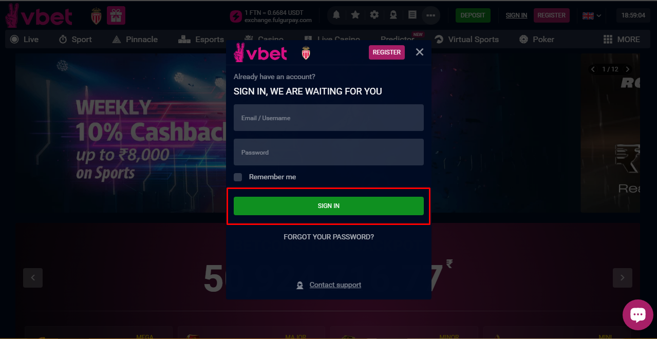 An image of the Vbet login form page