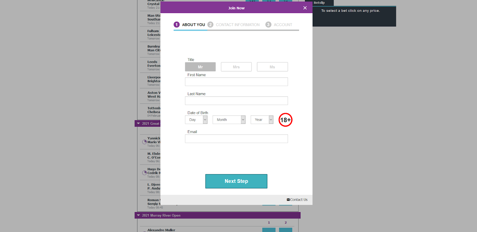 Betdaq log-in and registration page