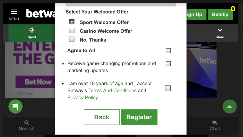 Image of the Betway South Africa sign up form page 2