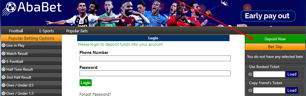 An image of the homepage showing how you can login and an arrow showing where to make deposit.