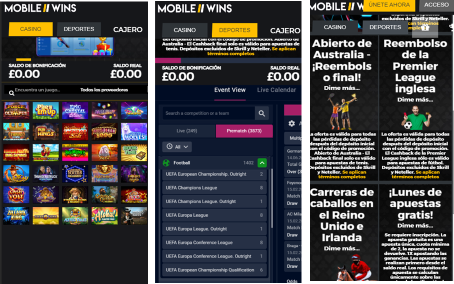 Tres screenshots de Mobile Wins en su versión web responsive