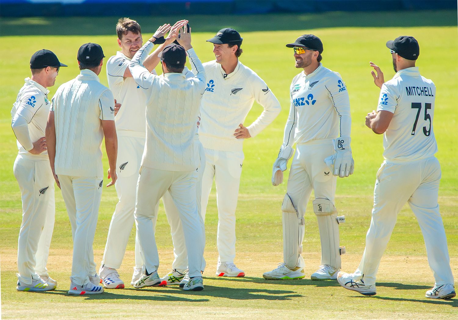 Zakary Foulkes of New Zealand celebrates a wicket with teammates in the second Test against Zimbabwe in Bulawayo on Saturday. @ Zimbabwe Cricket/X