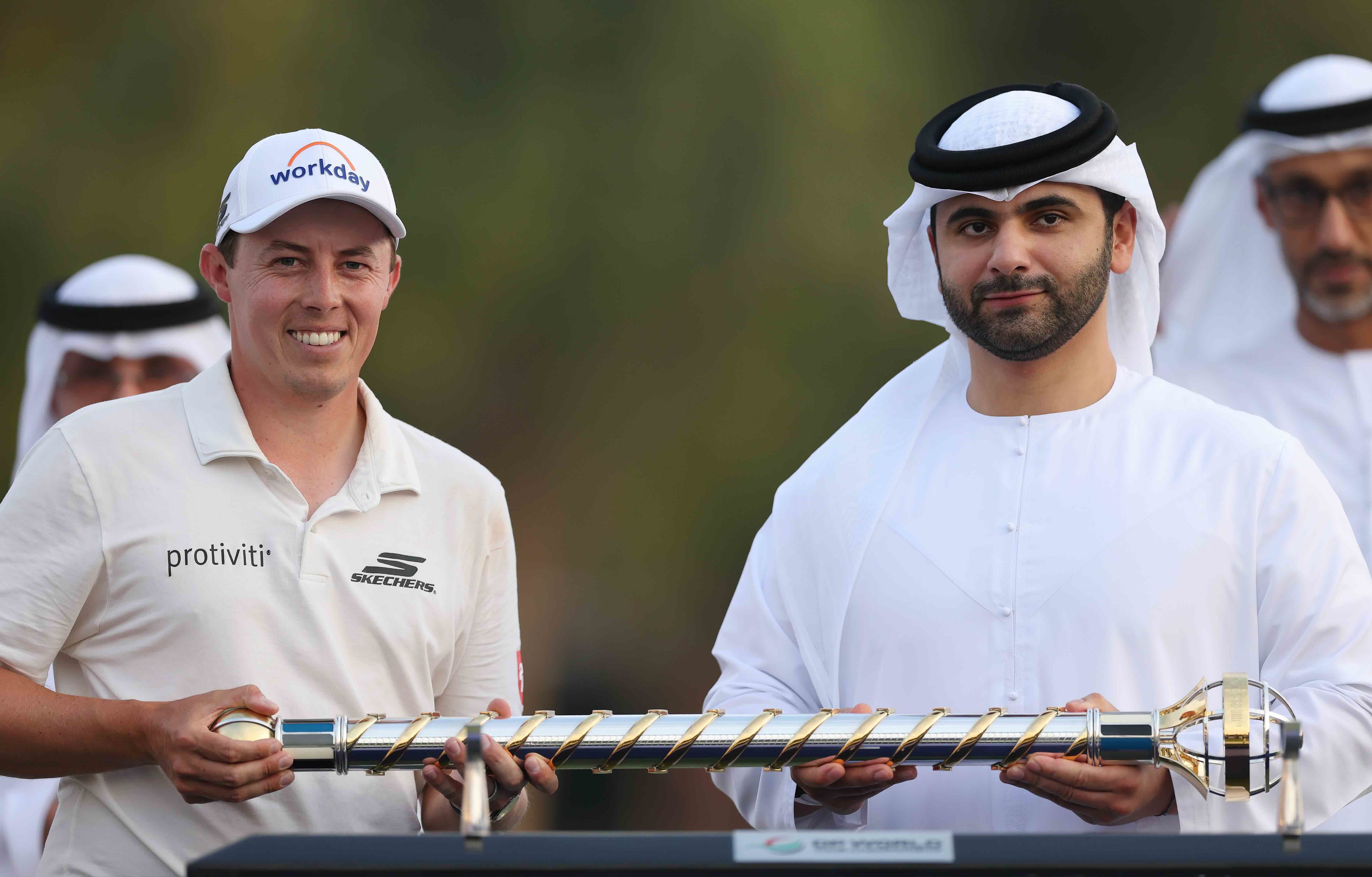THE CHAMPION: Matt Fitzpatrick poses with Sheikh Mansoor Bin Mohammed Bin Rashid Al Maktoum after winning the DP World Tour Championship. @Organisers. THE CHAMPION: Matt Fitzpatrick poses with Sheikh Mansoor Bin Mohammed Bin Rashid Al Maktoum after winning the DP World Tour Championship. @Organisers.