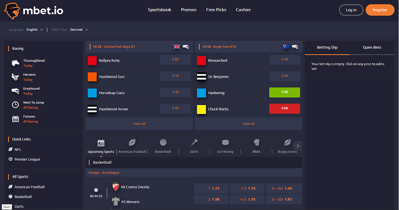 The homepage of the Mbet.io sportsbook