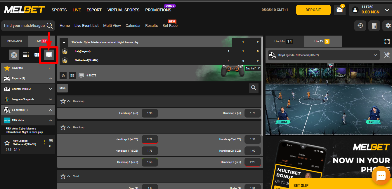 An image of the Melbet Nigeria live betting page