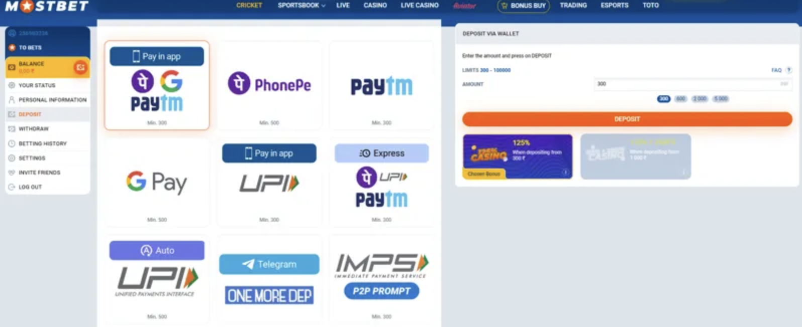 MostBet Payment Methods