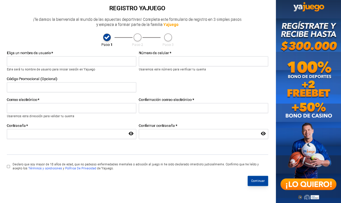 Formulario de registro para nuevos usuarios de Yajuego en Colombia