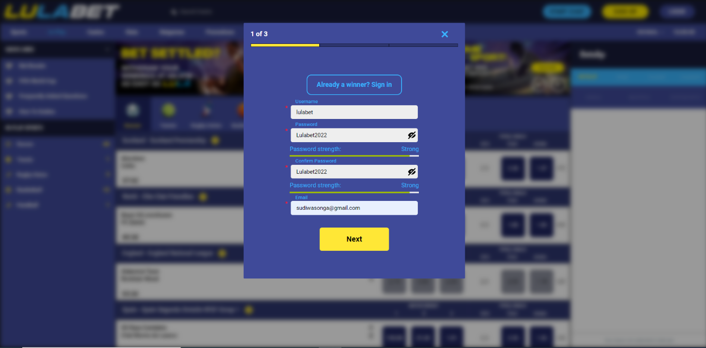 An image of the Lulabet sign-up form