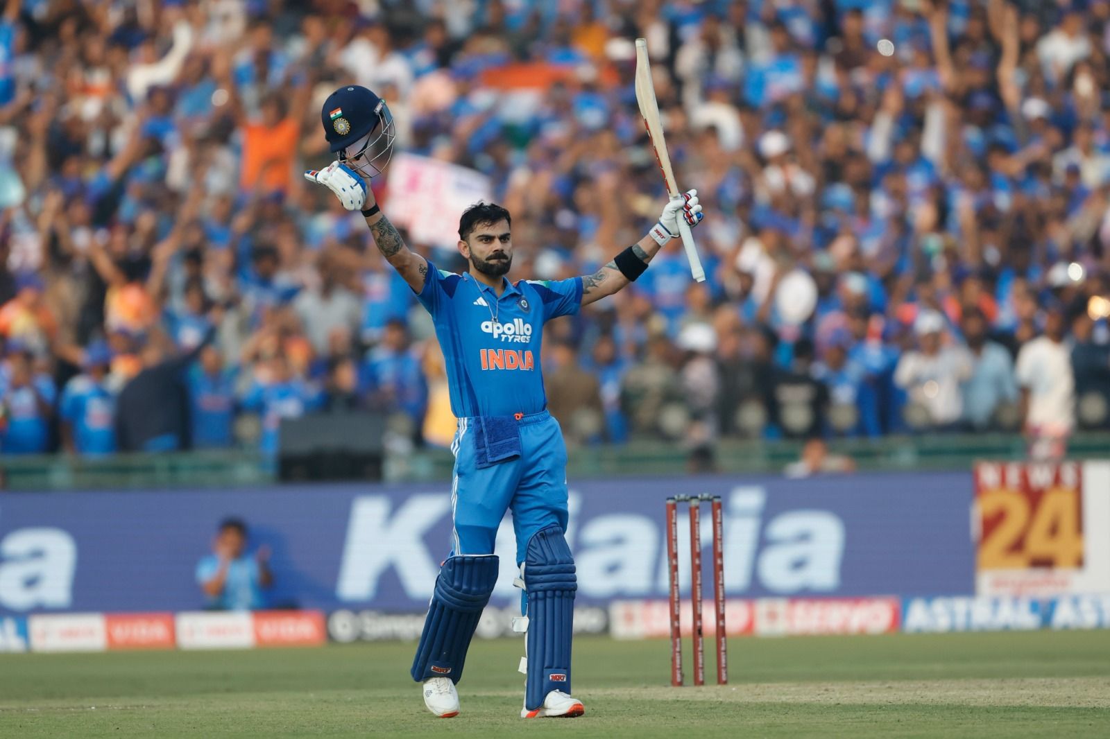 IN FINE FORM: Virat Kohli celebrates his second successive ton. @BCCI/X