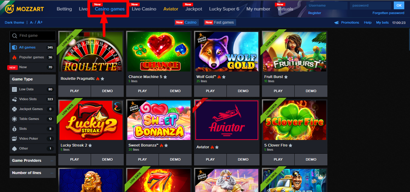 Image of Mozzartbet Casino Games Page