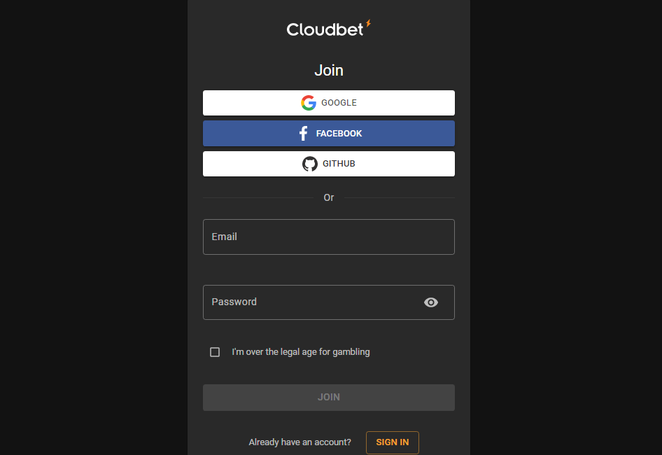An image of the Cloudbet Nigeria sign-up page