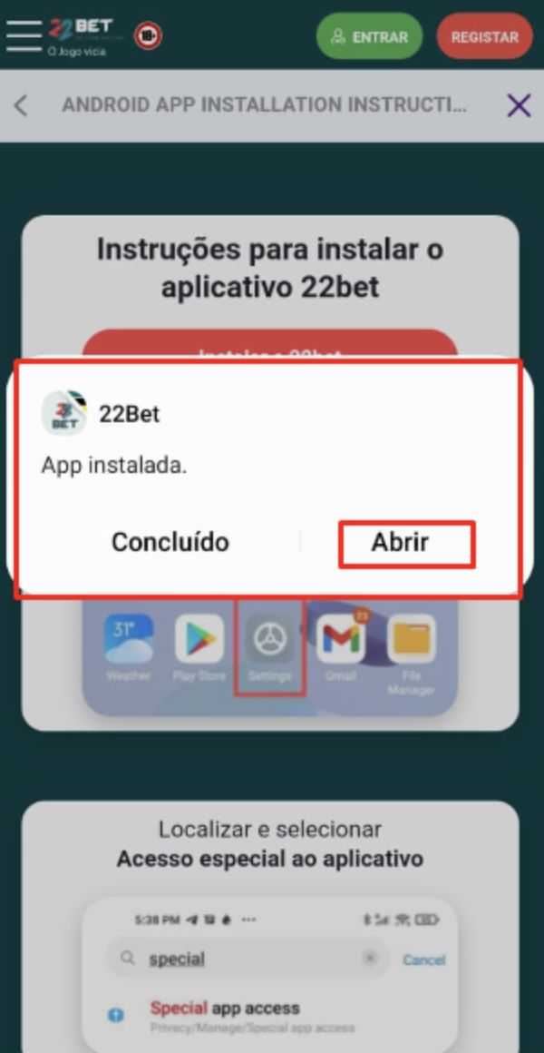 Aplicação APK da 22Bet instalada no dispositivo Android