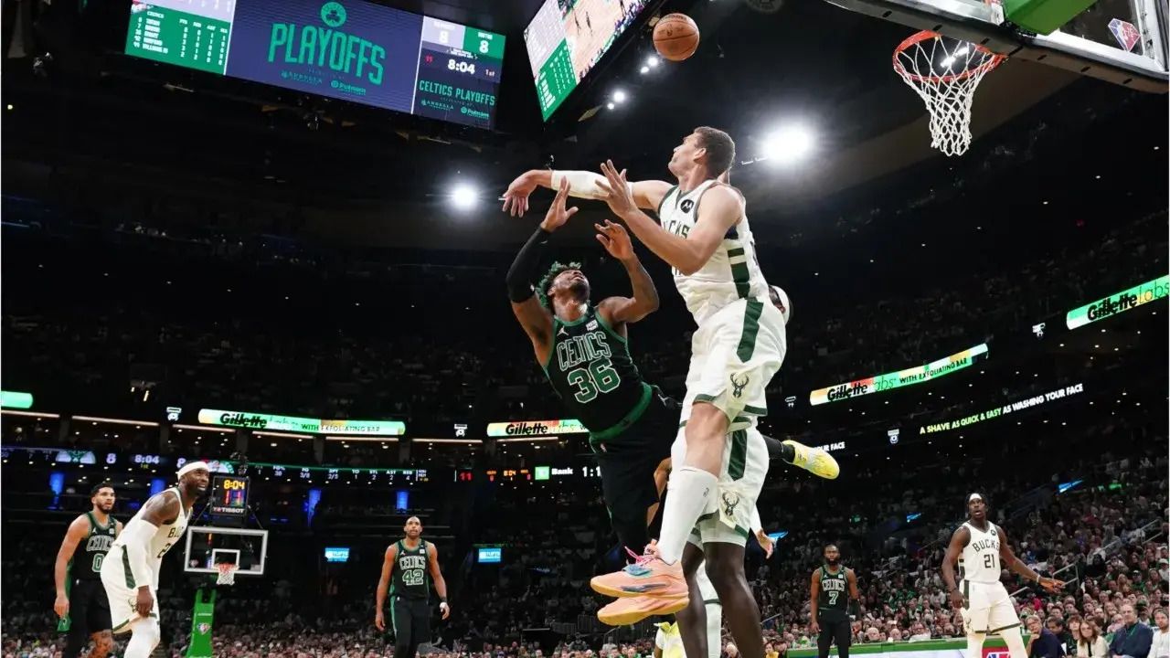 Brook Lopez contesting Marcus Smart (Milwaukee Bucks vs Boston Celtics)