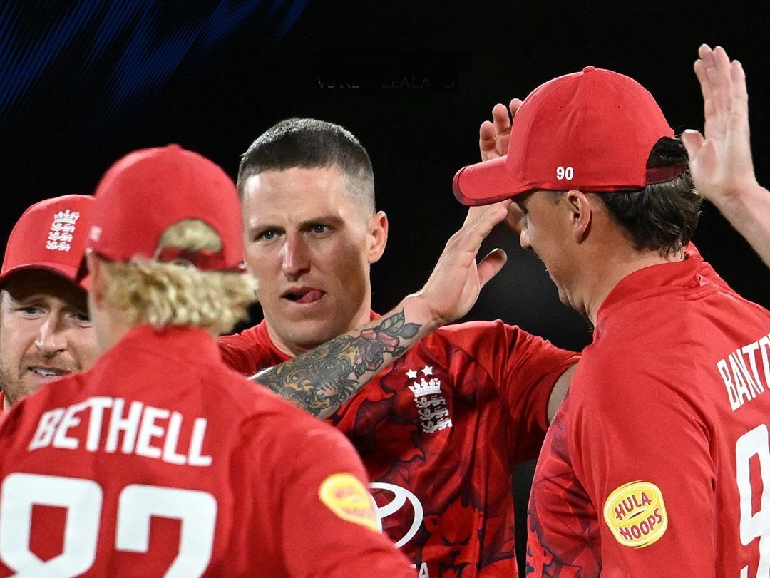 England players celebrate a wicket on their way to victory against New Zealand in the second T20I at Christchurch on Monday. @ England Cricket/X
