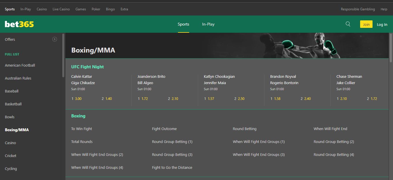 bet365 UFC website betting page