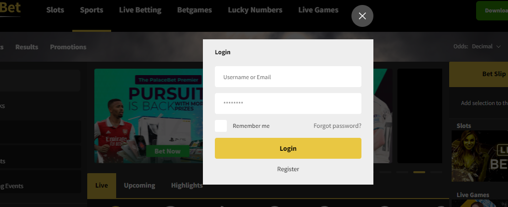 Graphic showing details required to sign in at Palacebet sportsbook