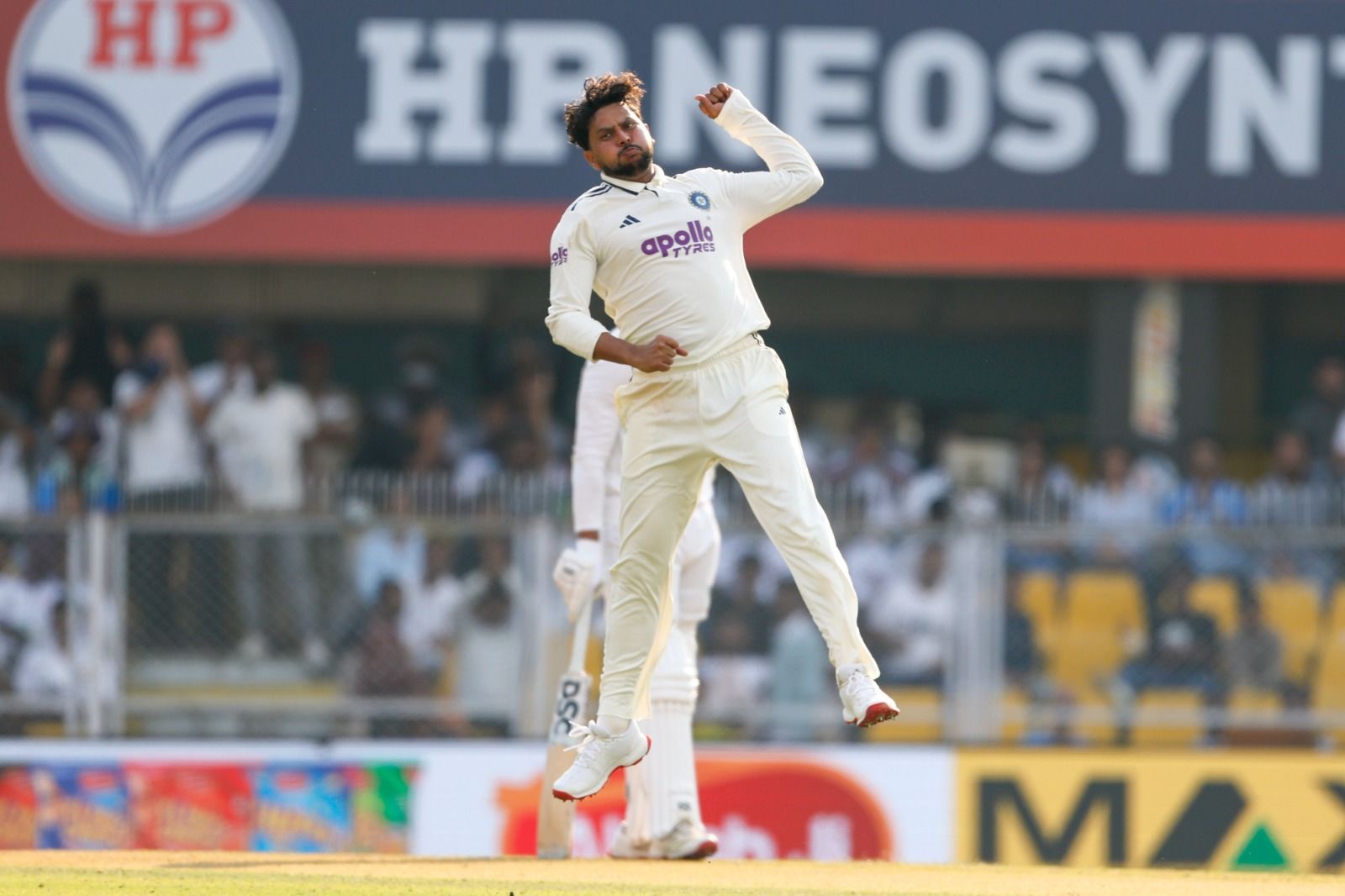 India's Kuldeep Yadav celebrates the fall of a wicket against South Africa on the first day of the second Test in Guwahati, Assam. @ BCCI/X