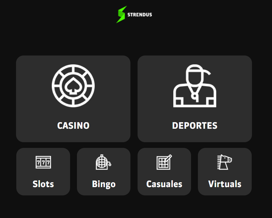 Imagen del sitio web strendus mx con sus categorías de casino, juegos y apuestas