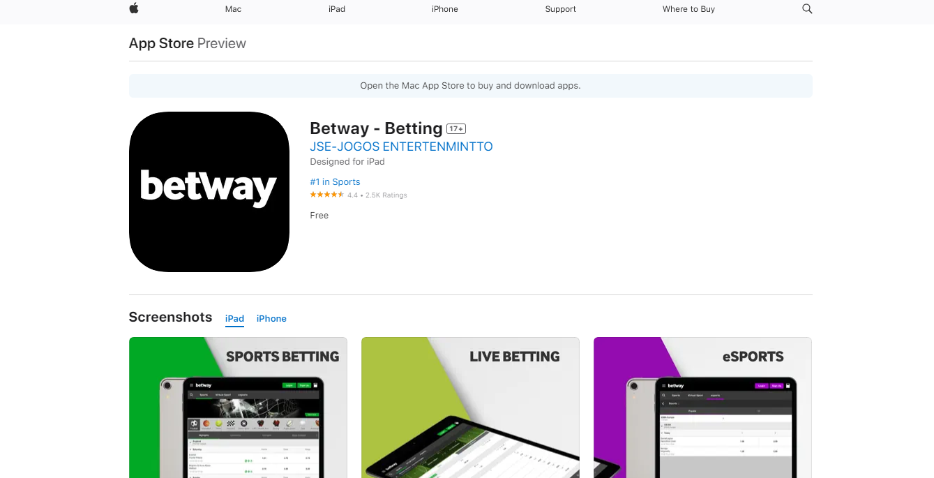 Prévia da instalação da Betway mobile para iOS