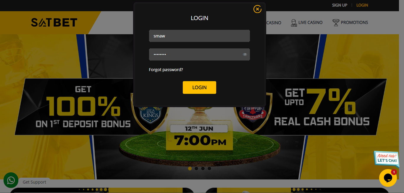 Image of the Satbet log-in page