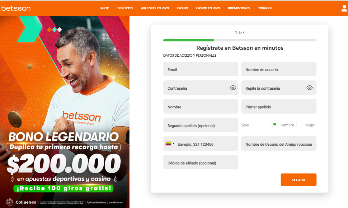 imagen del formulario de registro de betsson colombia