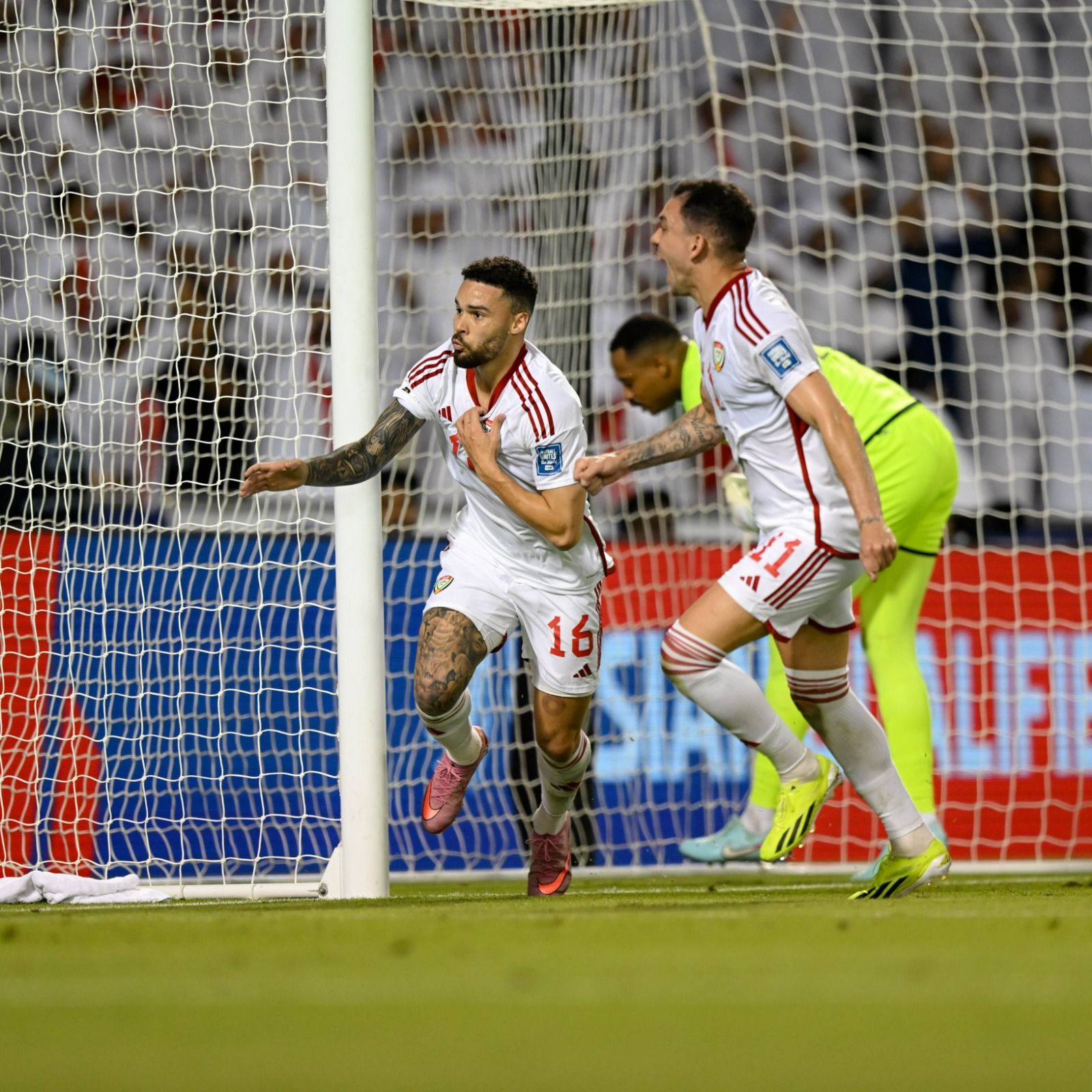 Marcus Meloni (No. 16) of United Arab Emirates' celebrates the opening goal against Oman. @Organisers
