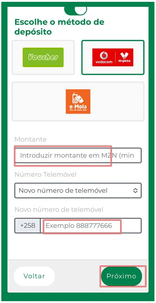 Depósito de valores na Premier Bet Moçambique