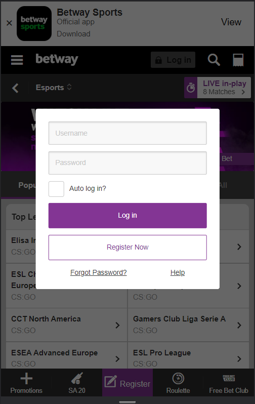 Betway mobile app creating an account