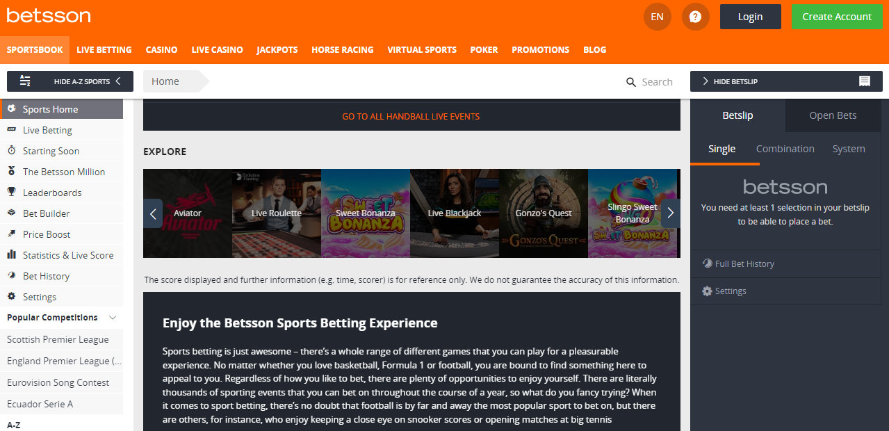 An image of the Betsson homepage