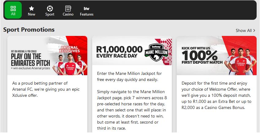 Betway Mobiele Toepassing Bonuses-bladsy Beeld