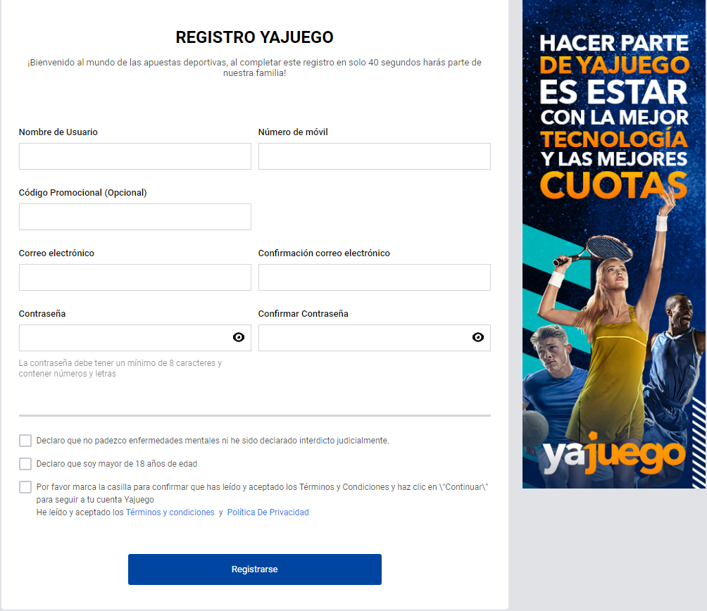 formulario de registro de Yajuego