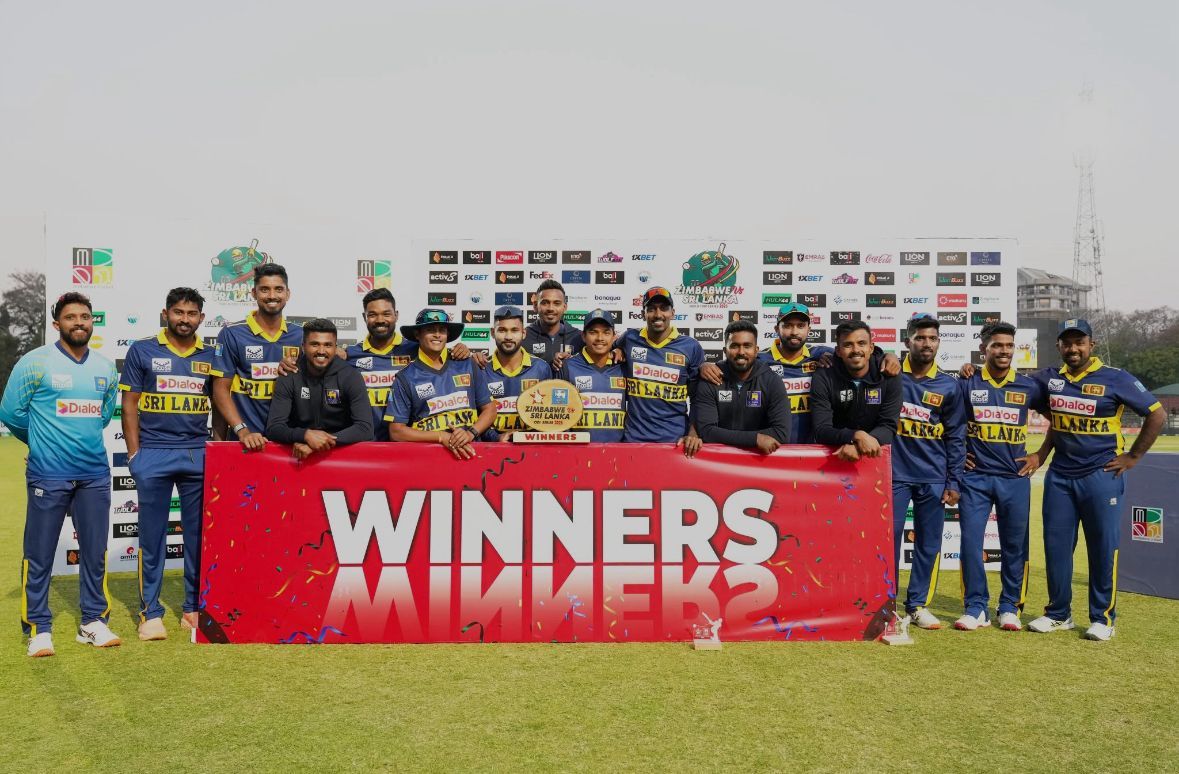 Sri Lanka team celebrate with the trophy. @ Sri Lanka Cricket/X Sri Lanka team celebrate with the trophy. @ Sri Lanka Cricket/X