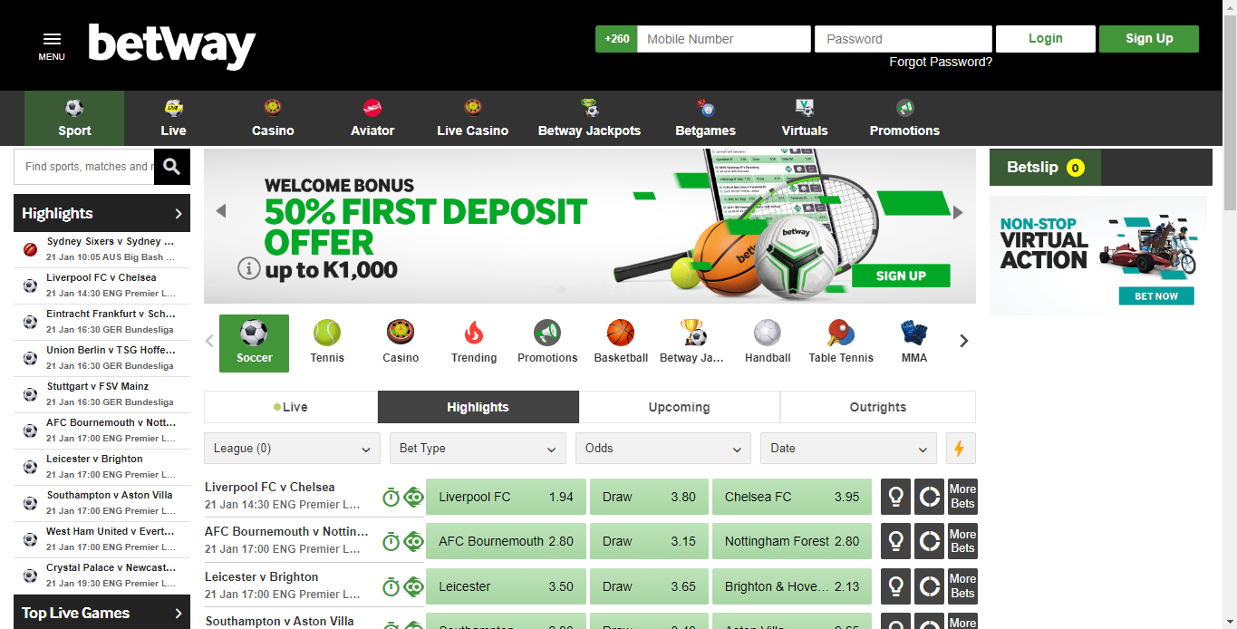 Image showing the sign-in button at Betway Zambia.