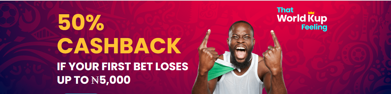 Graphic showing the 50% cashback offer at Betking Nigeria Graphic showing the 50% cashback offer at Betking Nigeria