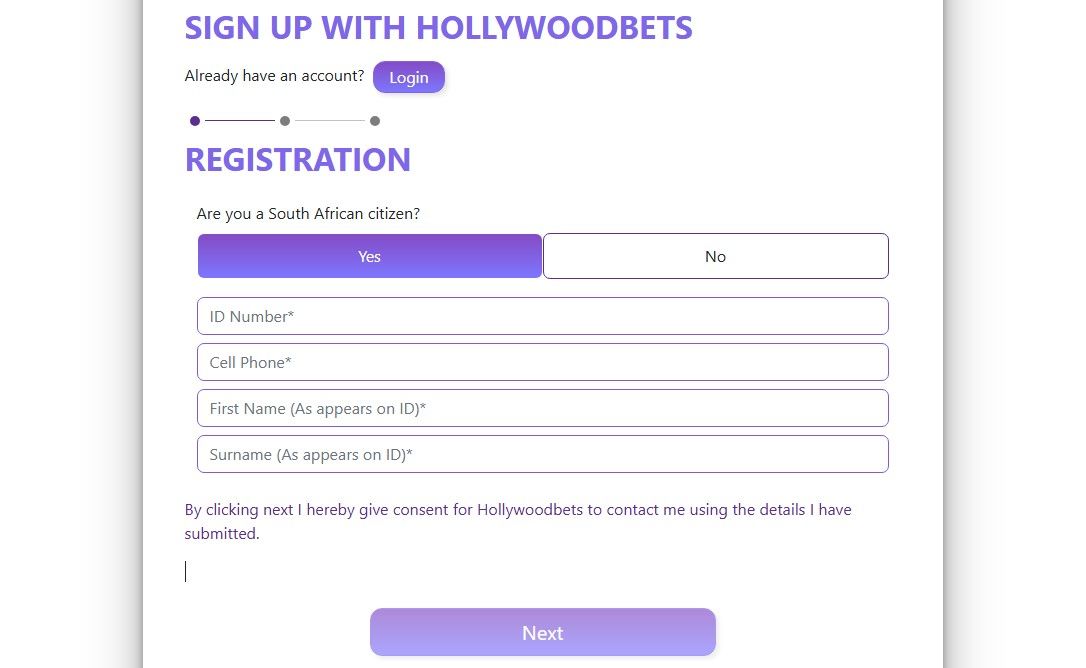 Image of Hollywoodbets sign-up form
