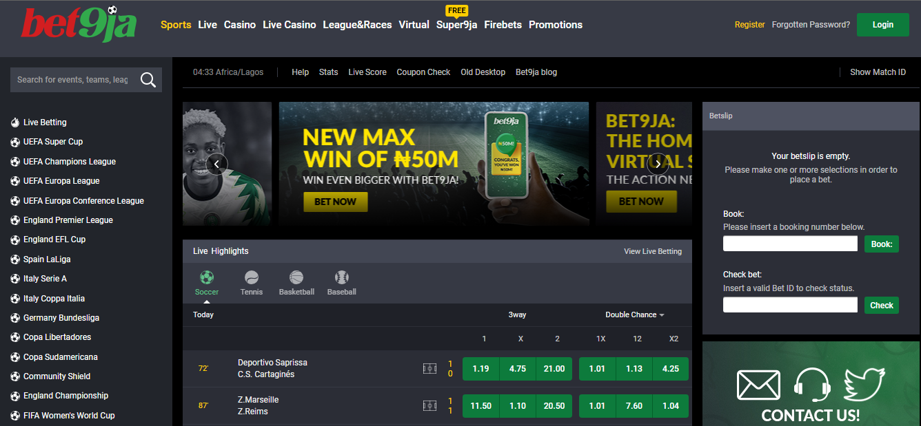 Home page of the web version of Bet9ja site.