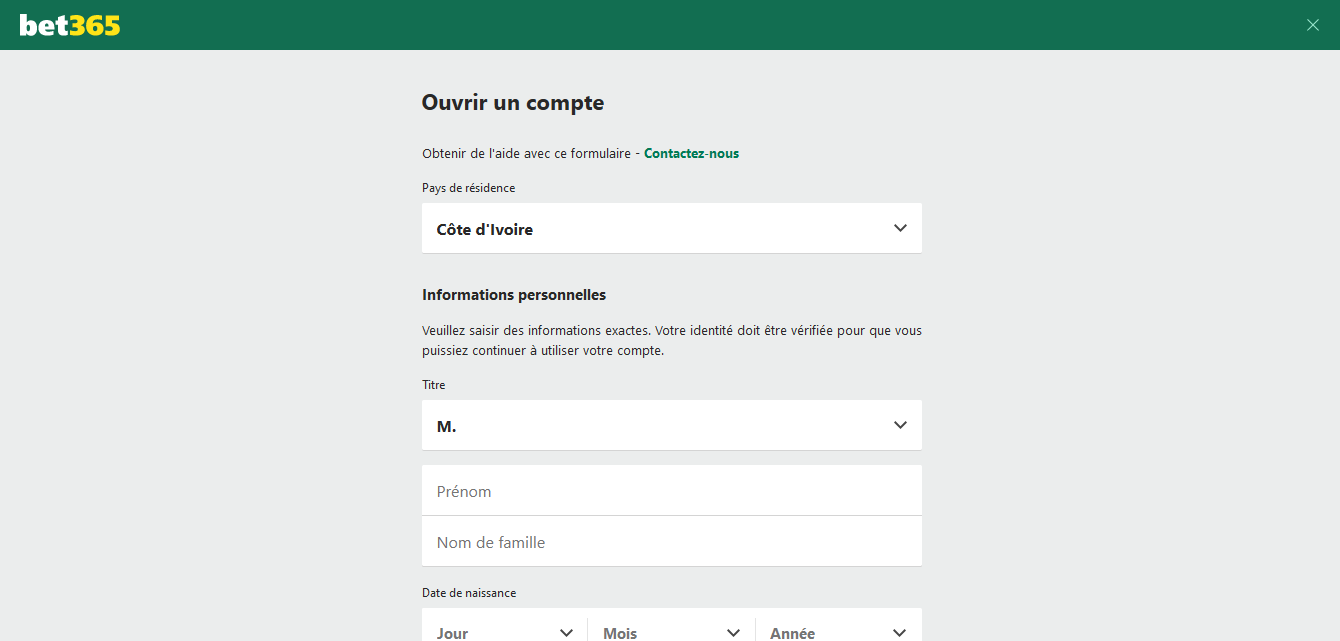 Création de compte dans l'application Bet365 Côte d'Ivoire