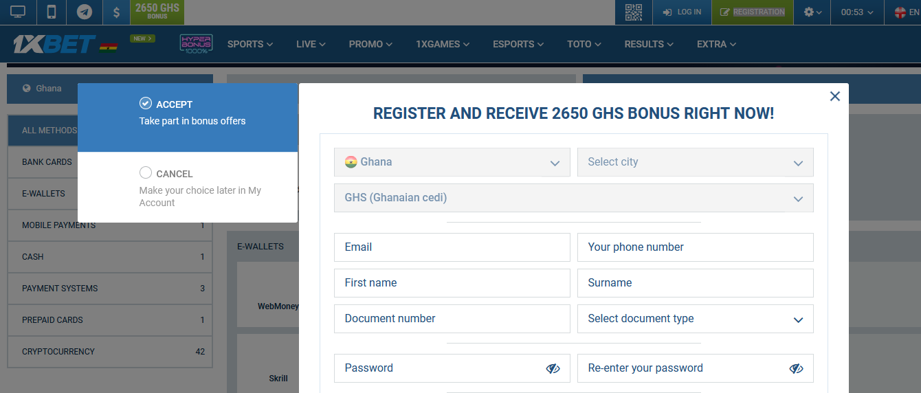 Image of the 1xBet Ghana register form page
