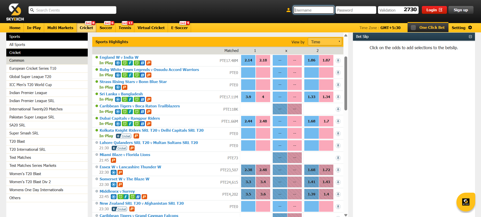 Multiple betting options on SkyExchange