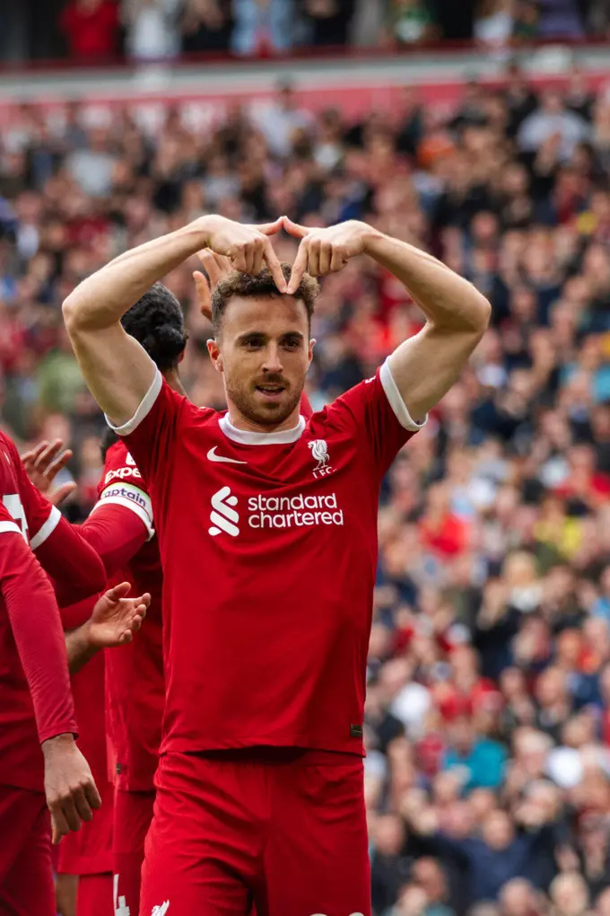Liverpool's Diogo Jota celebrates a goal in EA Sports FC 24 style