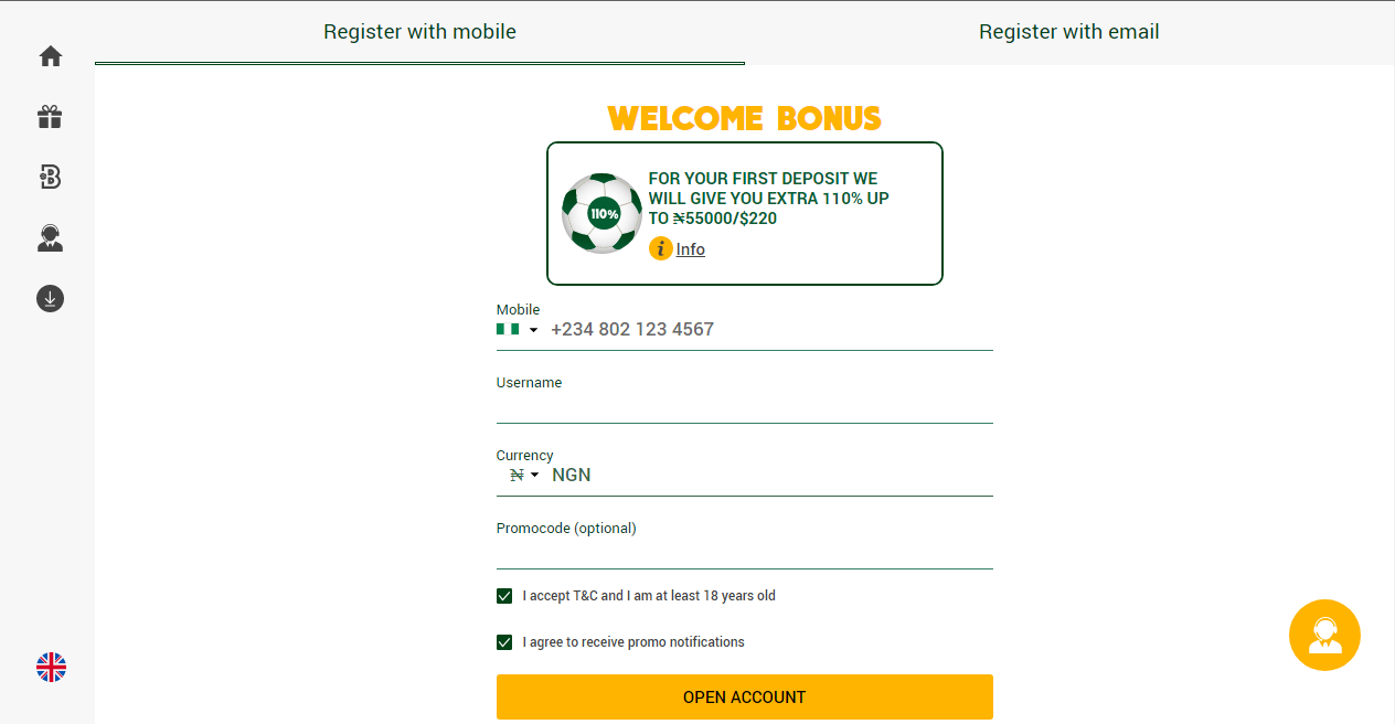 An image of the main menu in Wazobet sign up page
