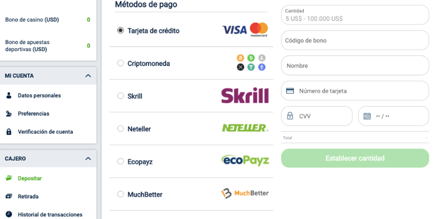 Métodos de pago disponibles en 20Bet