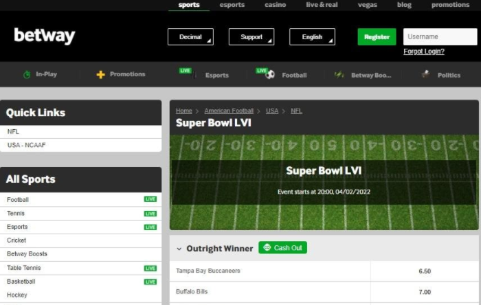 Super Bowl LVI's winner odds (from November 2021) on Betway's website